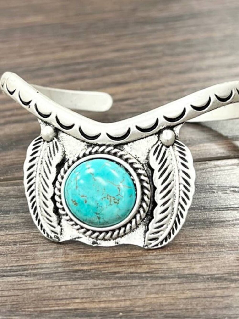 Turquoise Feather Cuff Bracelet Western Boho Rodeo Silver Tone